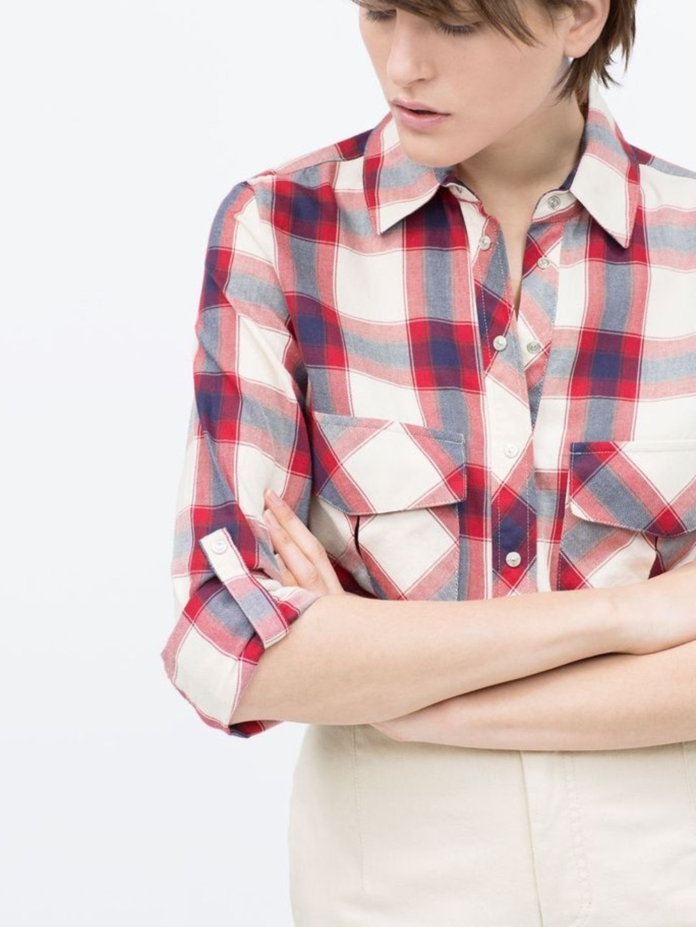 Zara Red, Navy & Cream Plaid Snap-Front Shirt